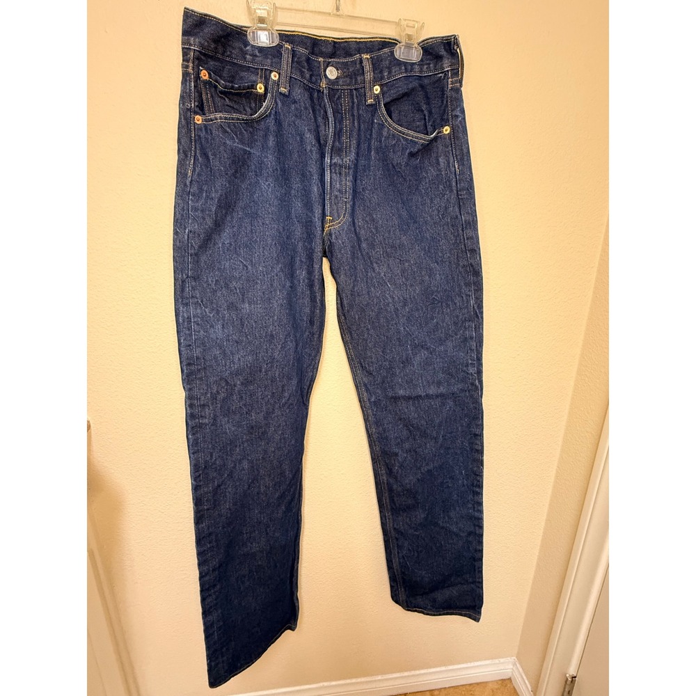 Levis 501 Mens Original Straight Fit Dark Indigo Blue Denim Jeans 34x38 Runs Sm